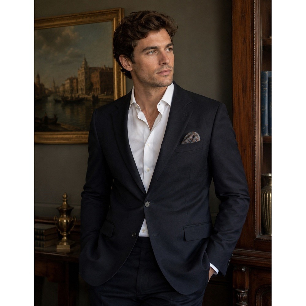 Andrew Fezza Men's Navy Blazer 44L‎ Paisley Lined Two Button Sport Coat